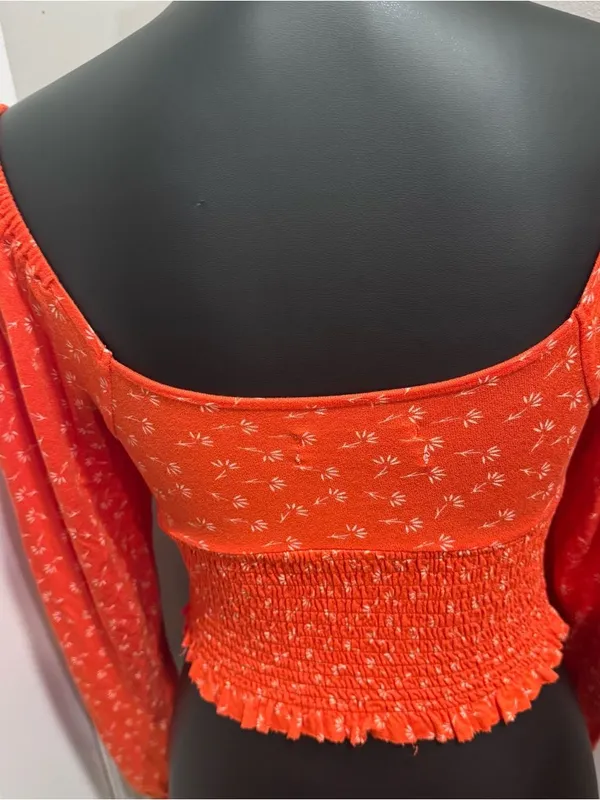 Urban Outfitters Orange Floral Smocked Tie-Front Long Sleeve Crop Top - Image 5