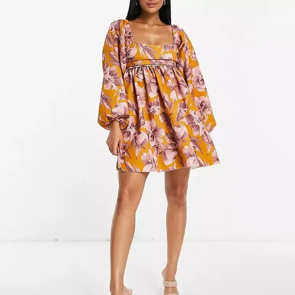ASOS Design Square Neck smock babydoll mini dress water color floral size 4 - Image 2