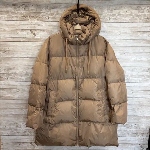 Zara Womens M Jacket Down Puffer Bronze‎ Brown Hooded Oversized Long EUC Pockets - Image 2