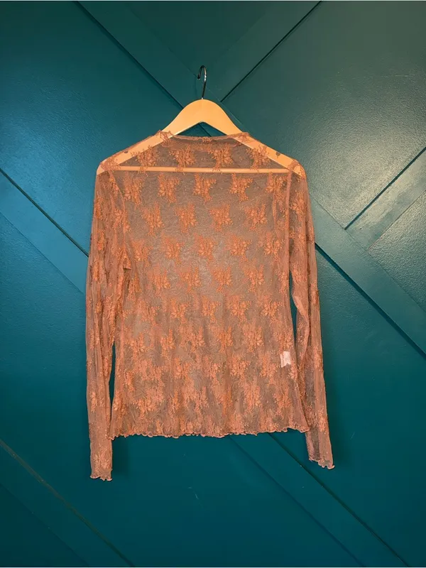 Sheer Floral Lace Mock Neck Long Sleeve Mesh Top Romantic Boho Y2K Brown Size XL - Image 2