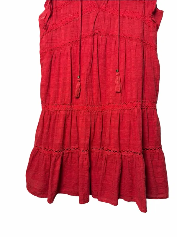 Knox Rose Red Boho Cotton Tiered Mini Dress Crochet Lace Tassel Tie Medium - Image 4