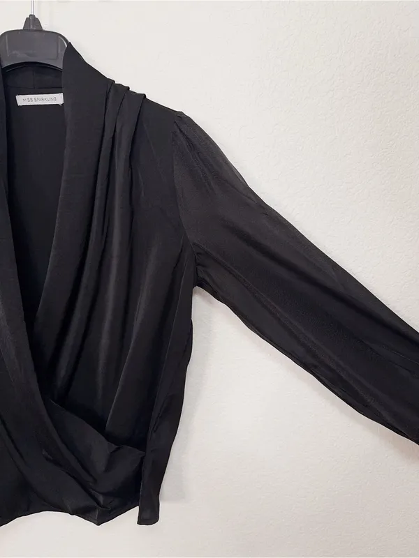 Miss Sparkling Black Satin Surplice Wrap Blouse Draped Long Sleeve Elegant Top - Image 5