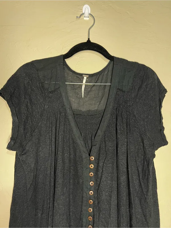 Free People Highland Black Boho Lagenlook Flowy Button Front Oversized Tunic Top - Image 3