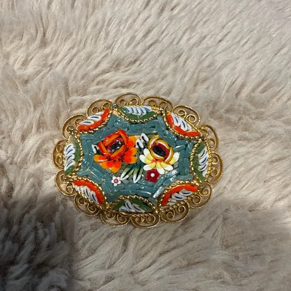 Vintage Gold‎ Micromosaic Micro Mosaic Flower Design Brooch Pin - Image 3