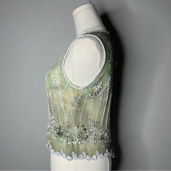 Vintage Green Silk Heavy Beaded Sleeveless Top Boho Fairycore Chic Forest Nymph - Image 2