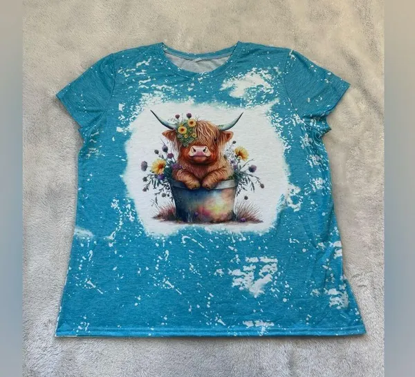 Cow & Floral Print T-shirt Short Sleeve Crew Neck Top Spring & Summer L NEW - Image 2