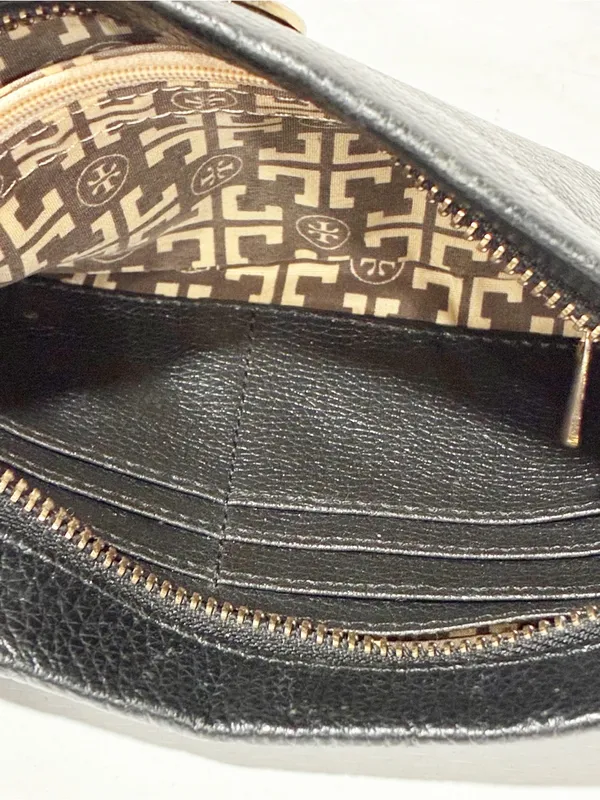Tori Burch Black Pebble Leather Gold Logo Soft Clutch Wallet Bag Purse - Image 3