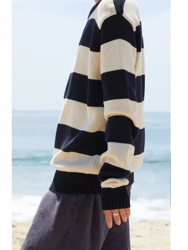 John Galt Brandy Melville Sweater Womens OS Navy‎ White Classic Striped Crewneck - Image 2