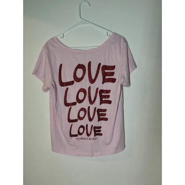 light pink Victoria's Secret graphic t red glitter "LOVE" on back V Neck L - Image 5