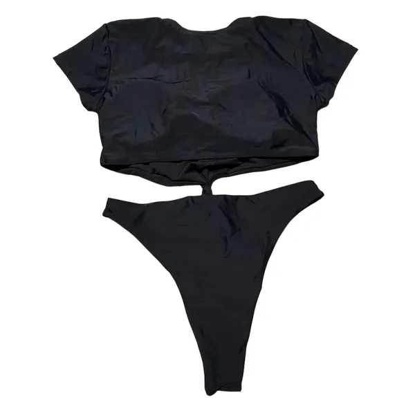 Black Short Sleeve Front Knot One Piece Swimsuit M 8 10 NWOT - Image 3