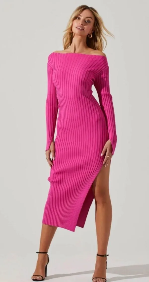 ASTR Pink Ribbed Midi Dress - Image 3