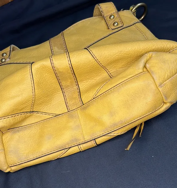 Fossil Mustard Yellow Double Strap Distressed Leather Satchel Purse - Image 5