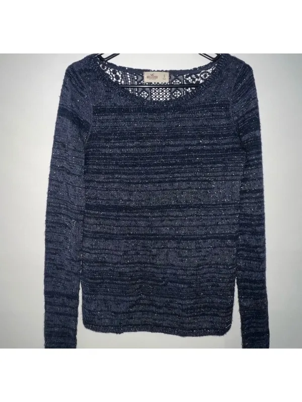 Women Hollister Navy Blue Sparkle Lace Back Sweater Size Small - Image 4