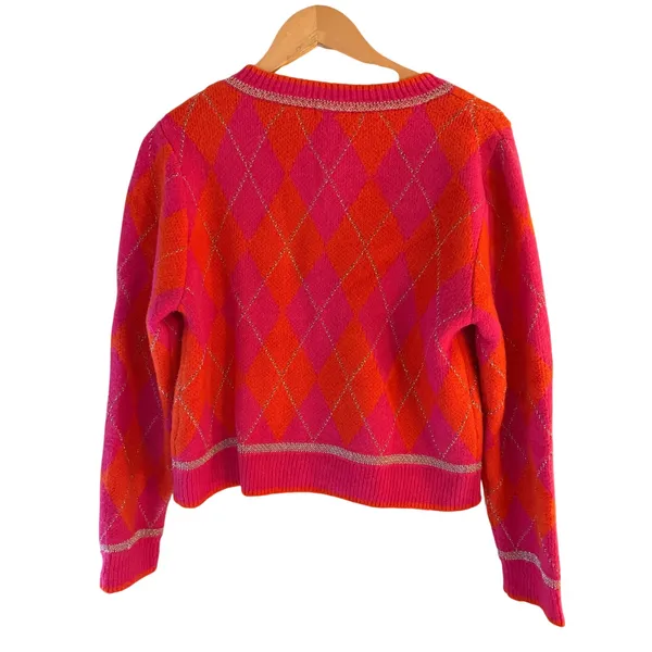 Sunday Up Pink Orange Argyle Cardigan Small Metallic Silver Trim Cropped - Image 6