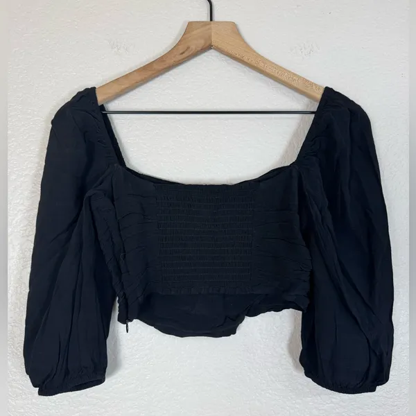 Aritzia Wilfred Lolita Blouse Smocked Cropped Black size Small $110 - Image 12