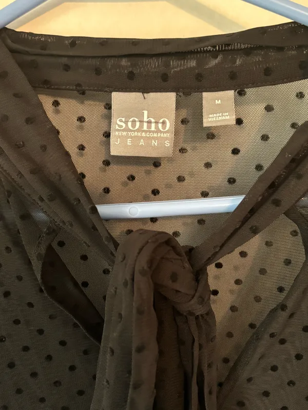 SOHO (New York & Company) Black Sheer Swiss Dot Tie-Neck Blouse - Size Medium - Image 2