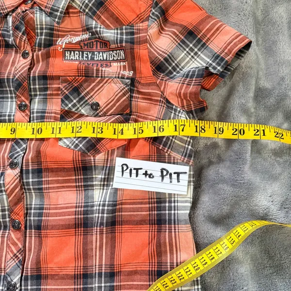 Harley Davidson Plaid Short Slv Snap Button Shirt S Orange Black Biker Western - Image 9