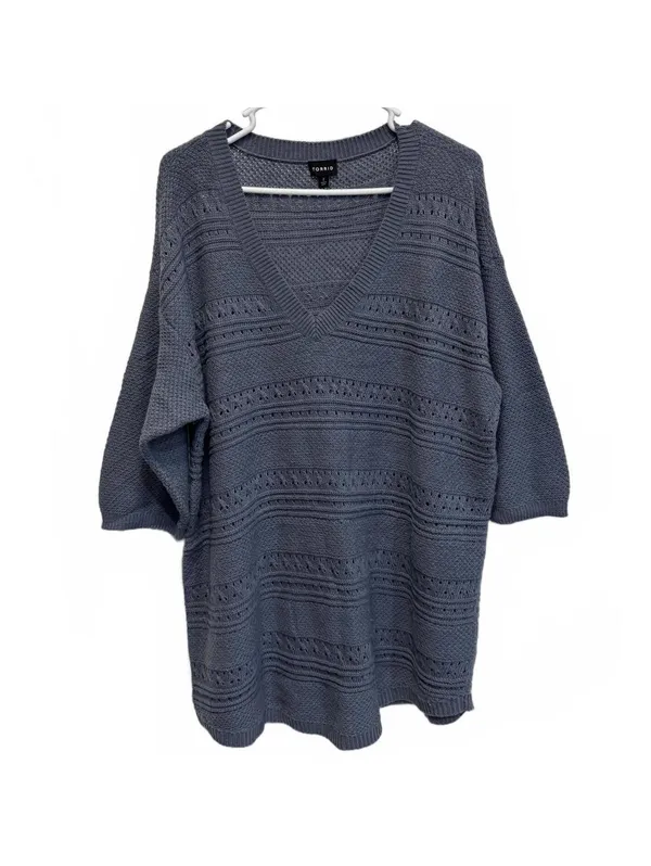 Torrid Dusty Blue Pointelle Pullover V-Neck Tunic Sweater Plus Size 2X - Image 3