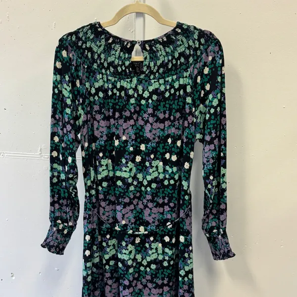 LOFT Floral Smocked Long Sleeve Flowy Mini Dress with Tie Black Green Purple Med - Image 5