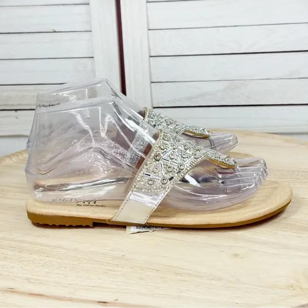 Olivia Miller‎ Metallic Rhinestone Thong Flip Flop Sandals Silver Tan Size 6 - Image 2