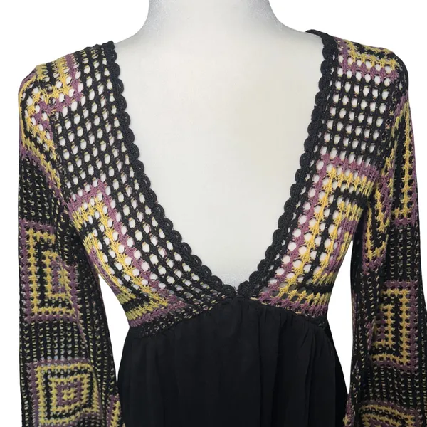 ASOS Design Crochet Granny Square Black Mini Dress Open Back Sz 6 Boho Festival - Image 4