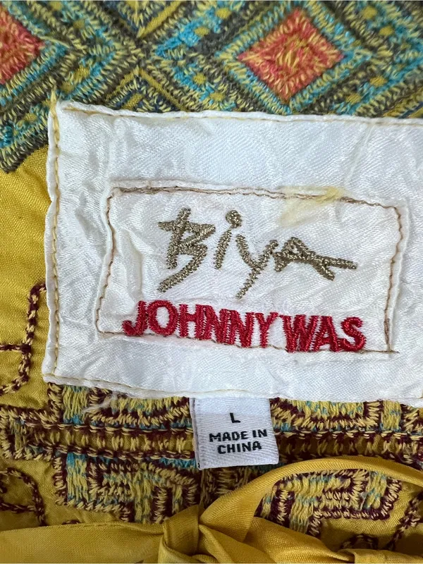 Biya Johnny Was golden Yellow Embroidered Boho long sleeve Top L blouse geometri - Image 2