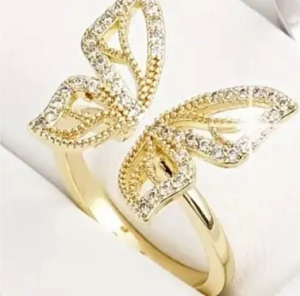 Coquette Style Ring Butterfly Design Inlaid Shining Golden Adjustable Size 7-9 - Image 2