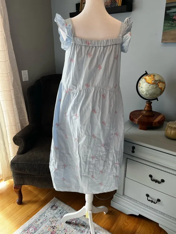 Light Blue Women’s Ruffle-Sleeve Dress with Pink Bow Embroidery Cotton Summer M - Image 7