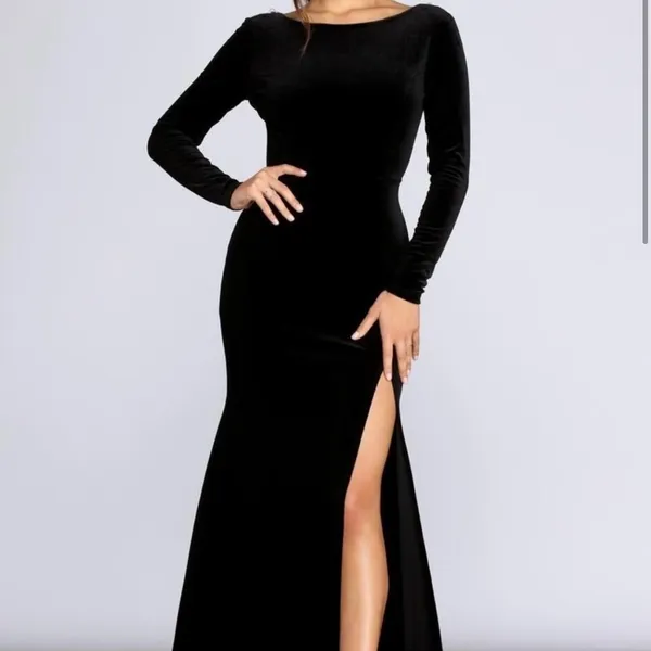 Black Velvet Rhinestone Detail Backless High Slit Dress Gown - Image 3