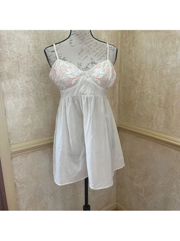 Free People embroidered mini dress Coquette sweetheart babydoll white pink Sz M - Image 3