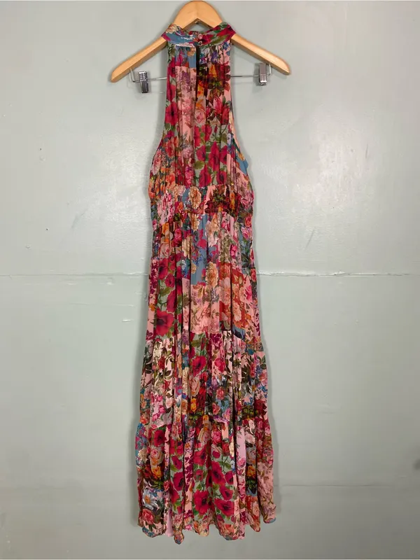 Anthropologie Floral Halter Tiered Maxi Dress in Pink and Red - Image 4