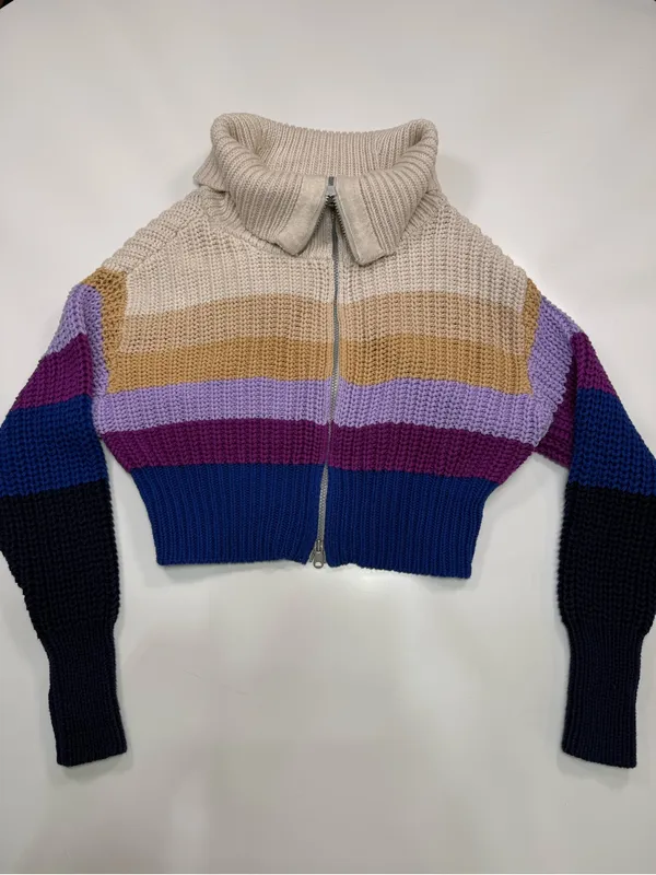aerie 100% Cotton Cropped Zip-Up Striped Sweater in Cream, Mustard, Purple, Navy - Image 2