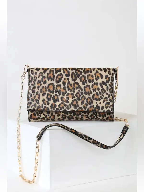 Lulu's Leopard Print Chain-Handle Wallet Clutch - Brown/Tan/Black - Image 3