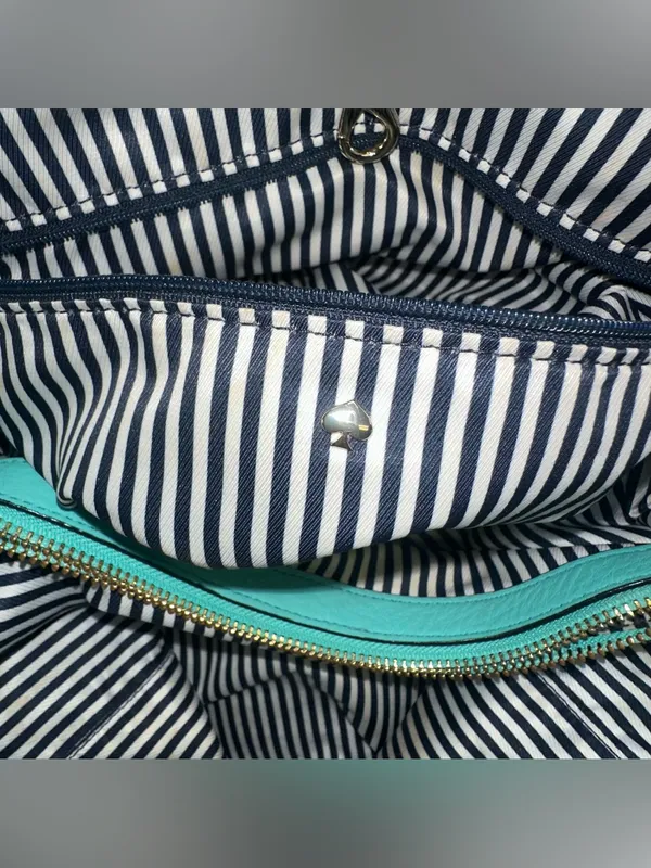 KATE SPADE Turquoise Satchel Purse Handbag Striped Interior Roomy - Image 7