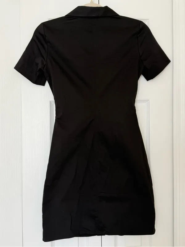 Zara Black Ruched Button Front Mini Shirt Dress XS - Image 2