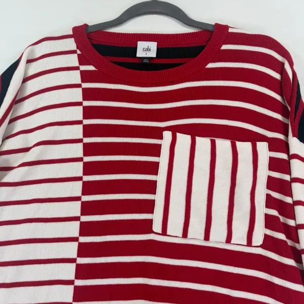 Cabi Oversized Pullover Sweater Picnic Red White Black Striped Pocket Size Small - Image 9