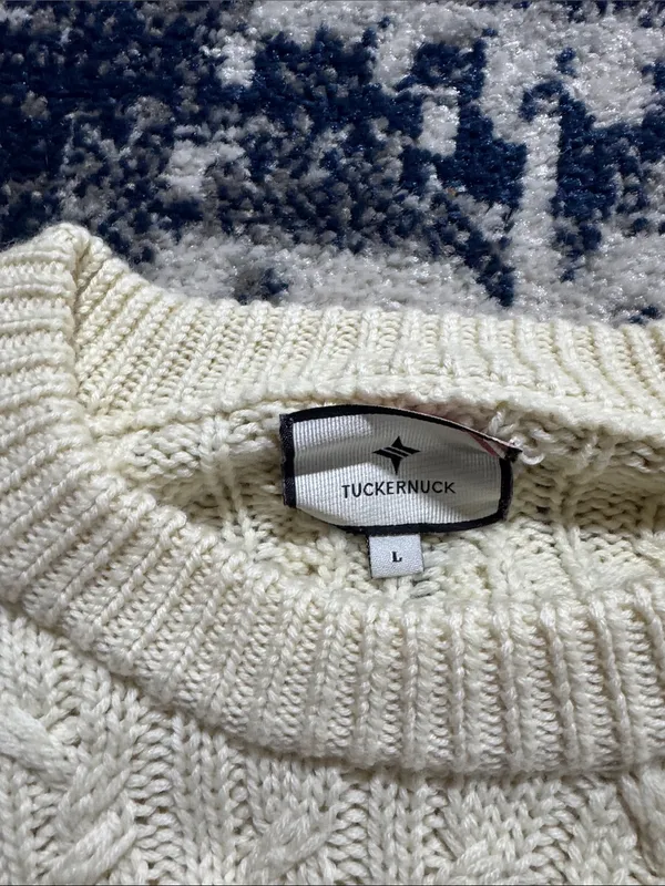 Tuckernuck Ivory Cable-Knit fisherman wool Crew neck Sweater sz L - Image 9