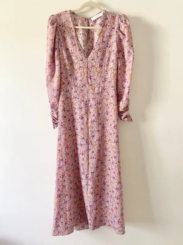 ASTR the Label Puff Sleeve V-Neck Back Cutout Midi Dress, purple peach floral XL - Image 4