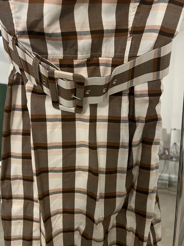 Maeve Strapless Gingham Midi Dress with Belt in Brown and White - Image 3