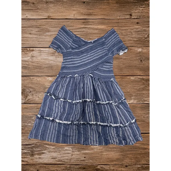 Boho Blue Striped Off Shoulder Tiered Mini Dress Women's M Vacation - Image 2