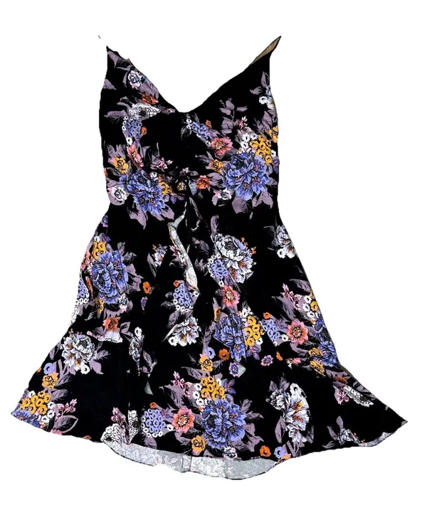 Free People Happy Heart Floral Mini Dress Small Black Purple Ruched Tie Front Sm - Image 4