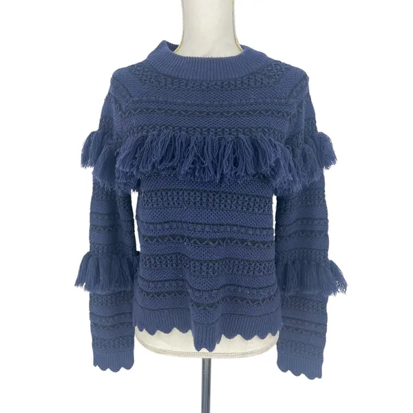 Jonathan Simkhai Tassel Fringe Knit Wool Sweater Black Blue‎ Stripe - Image 3
