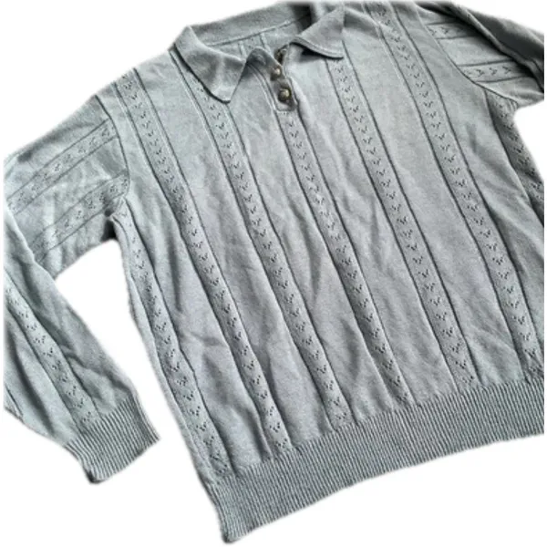 Women's Blue Long Sleeve Knit Eyelet Collared Sweater‎ Preppy Classy Size Med. - Image 3