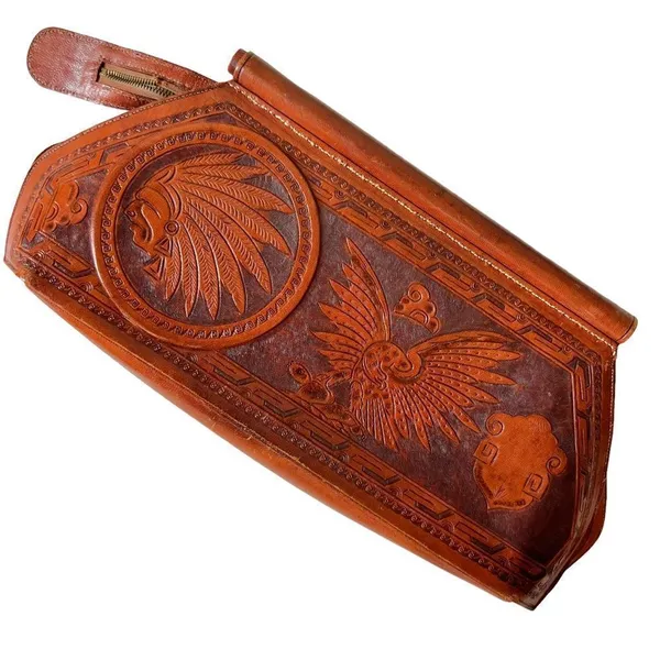Vintage Abtik Hand-tooled Mayan Print Leather Clutch - Image 16