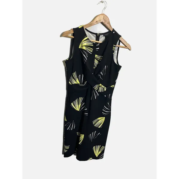 Ann Taylor Sheath Dress Womens 2 Black Yellow Ginkgo Leaf Twist Front Workwear - Image 2