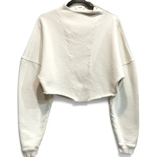 Joah Brown Cream Cropped Sweatshirt M/L Oversized Off Shoulder Zip Mock Neck USA - Image 2
