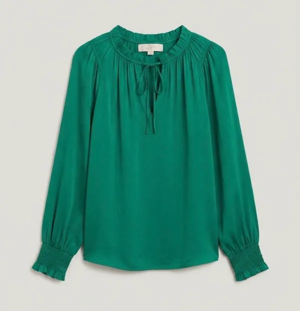 LOFT Emerald Green Ruffle-Neck Long Sleeve Blouse - Image 7