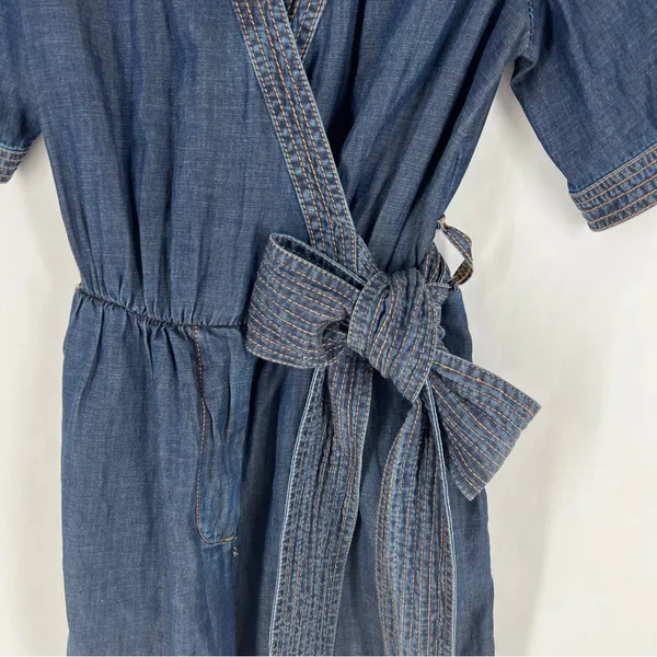 Pilcro by Anthropologie Blue Chambray Denim Tie‎ Waist Wrap Bodice V-Neck Romper - Image 5