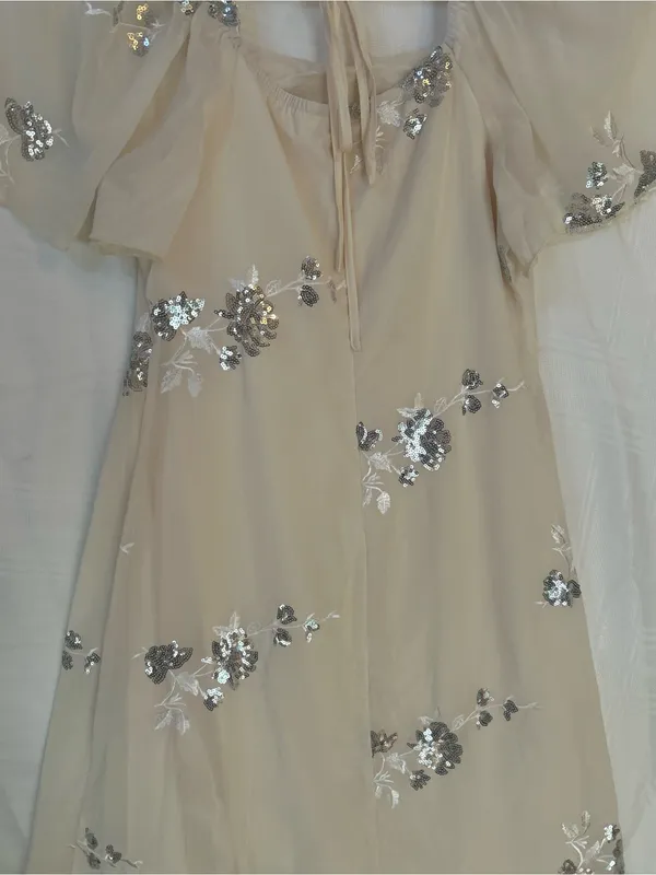 Cream Midi Dress with Silver Sequin Floral Embellishments, Ruffled Hem, Medium. - Image 10