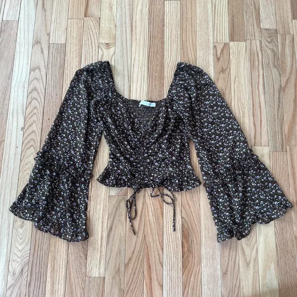 Altar'd State Cottagecore Floral Top Womens XS Brown Ruched Tie Front Bell Sleeves Feminine - Image 2